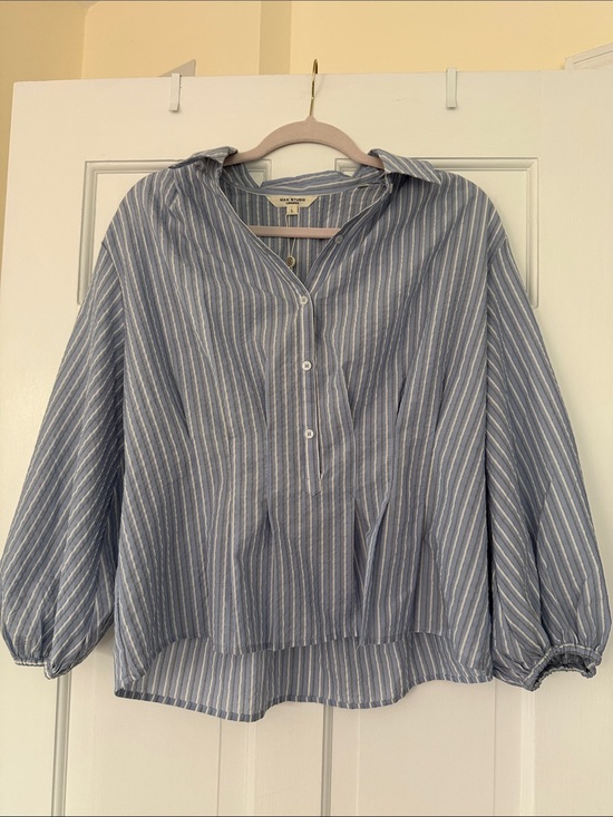 Max Studio Tops - Max Studio Light Blue and White Striped V-Neck Blouse